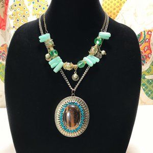 Repair 2 Necklaces Cool Chunky Statement Aventurine Tigers Eye Glass Rhinestone